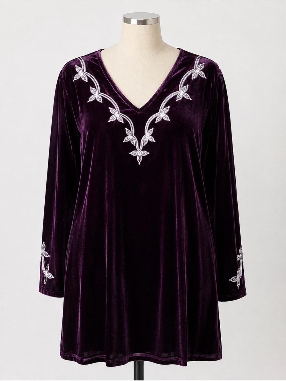 Rusttydustty- 3X Velvet V-Neck Mini Dress with Embroidered Trim - Deep Plum